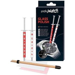 PolyWatch Glass Polish kit packaging shown with repair and finish syringes, polishing stick, and strips.