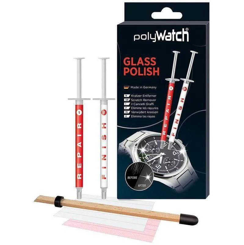 PolyWatch Glass Polish kit packaging shown with repair and finish syringes, polishing stick, and strips. PolyWatch Glass Polish kit packaging shown with repair and finish syringes, polishing stick, and strips.