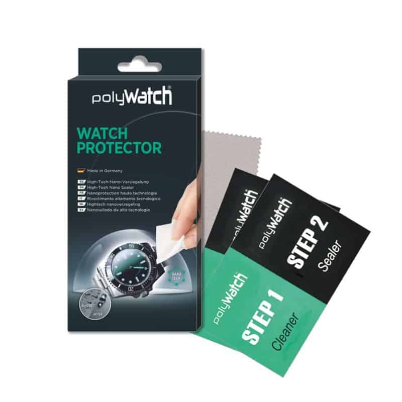 The PolyWatch WATCH PROTECTOR kit, showing the retail box, two treatment sachets (Step 1 Cleaner, Step 2 Sealer), and a gray polishing cloth. The PolyWatch WATCH PROTECTOR kit, showing the retail box, two treatment sachets (Step 1 Cleaner, Step 2 Sealer), and a gray polishing cloth.