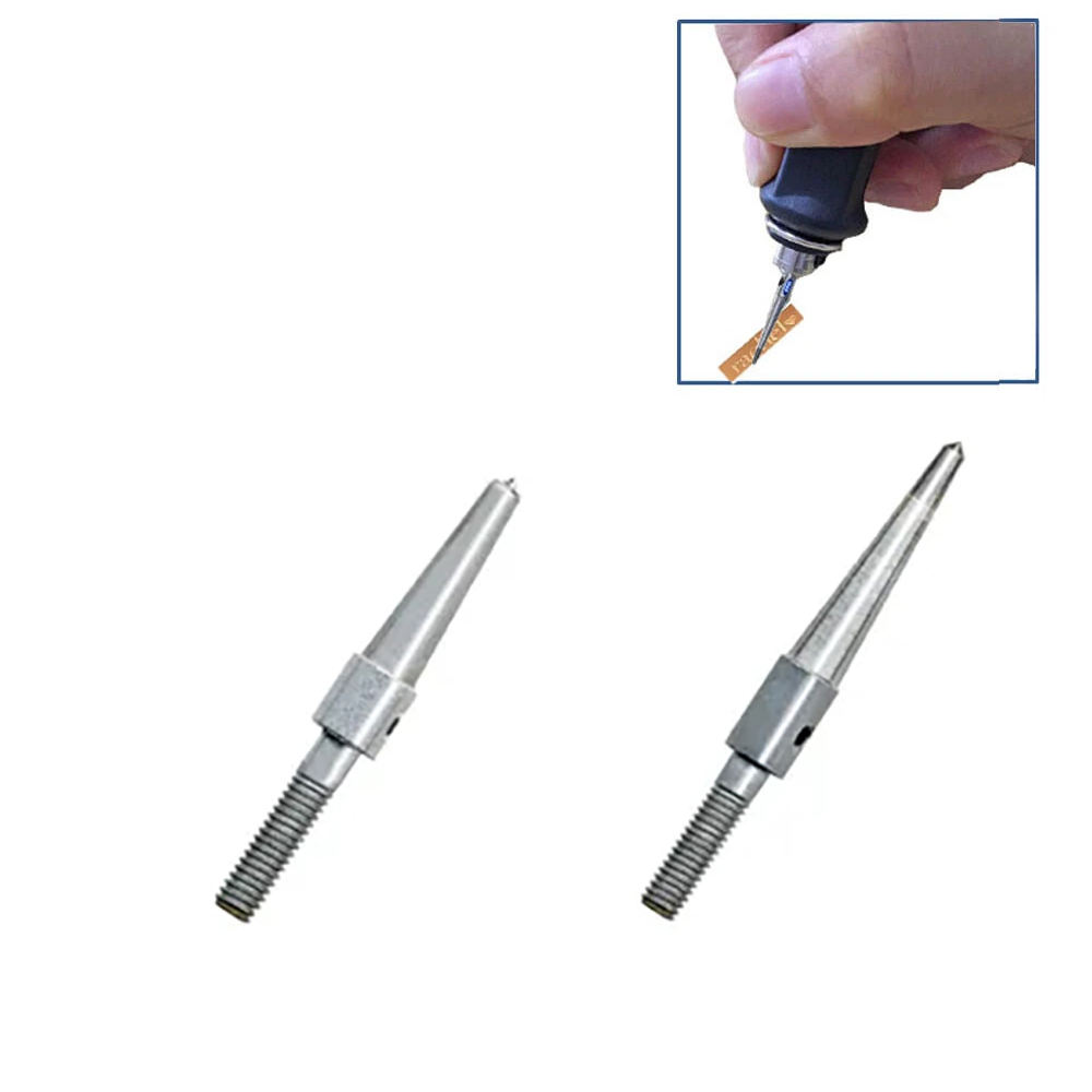 Two Foredom Pave and Carbide Stylus Tips shown next to an inset image of a stylus engraving a metal tag. Two Foredom Pave and Carbide Stylus Tips shown next to an inset image of a stylus engraving a metal tag.