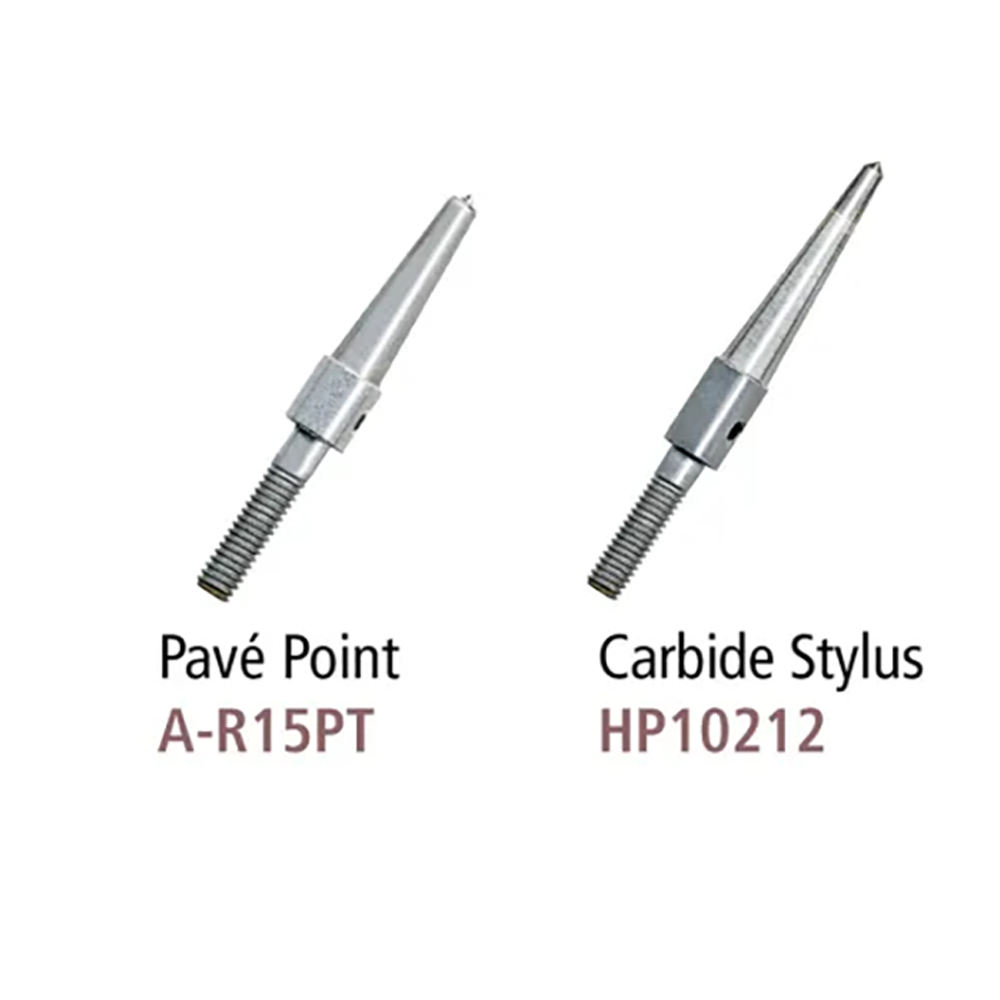 Two Foredom engraving tips labeled as "Pavé Point A-R15PT" and "Carbide Stylus HP10212" with part numbers. Two Foredom engraving tips labeled as "Pavé Point A-R15PT" and "Carbide Stylus HP10212" with part numbers.