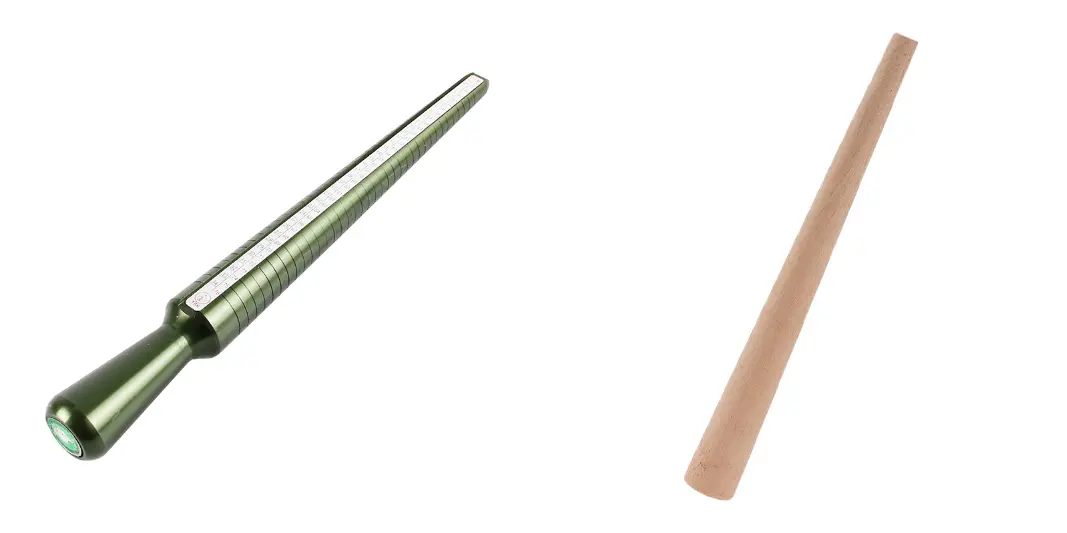 A pair of jewelry mandrels featuring a green grooved metal sizing mandrel and a smooth tapered wooden mandrel.