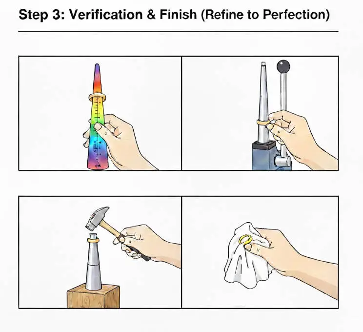 Images showing the final steps of ring sizing: verification, hammering, and cleaning.