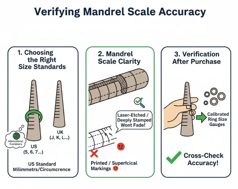 Guide for verifying ring mandrel accuracy, covering size standards, scale clarity, and cross-checking with gauges.