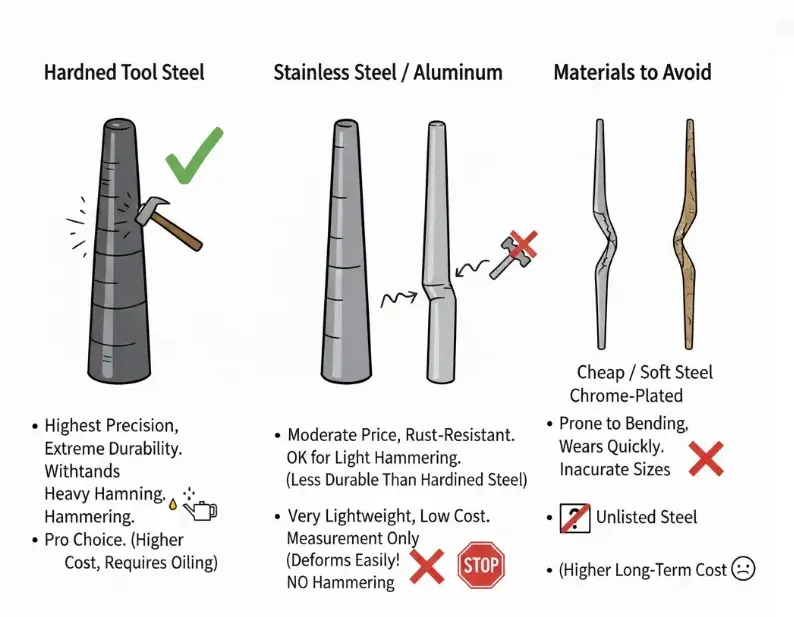 Infographic comparing hardened tool steel, stainless steel, aluminum, and soft steel ring mandrels for durability.