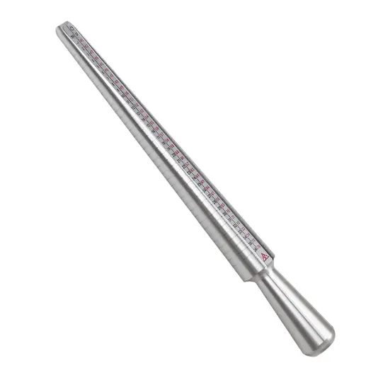 Professional tapered metal ring mandrel with engraved US size markings and a smooth polished finish for sizing.