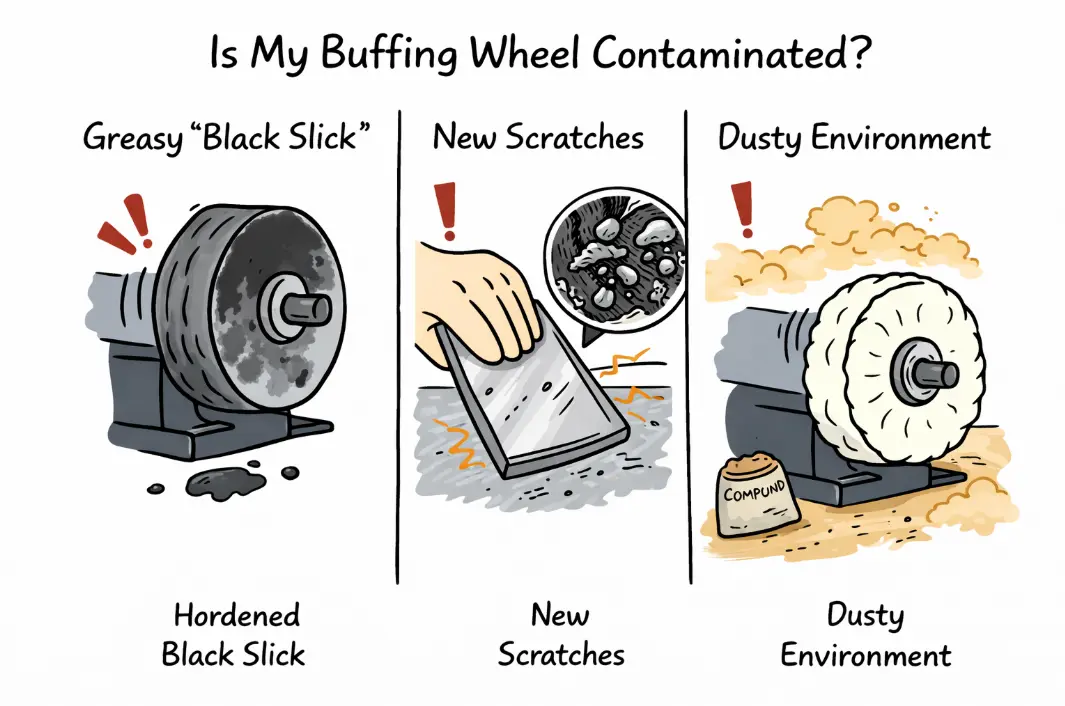 Guide to identifying contaminated buffing wheels through black slick, new scratches, or dusty environment.