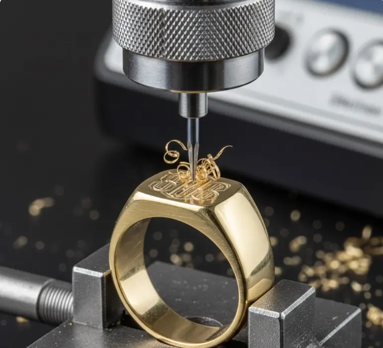A high-precision mechanical engraving tool carving a monogram onto a gold signet ring with visible metal shavings.