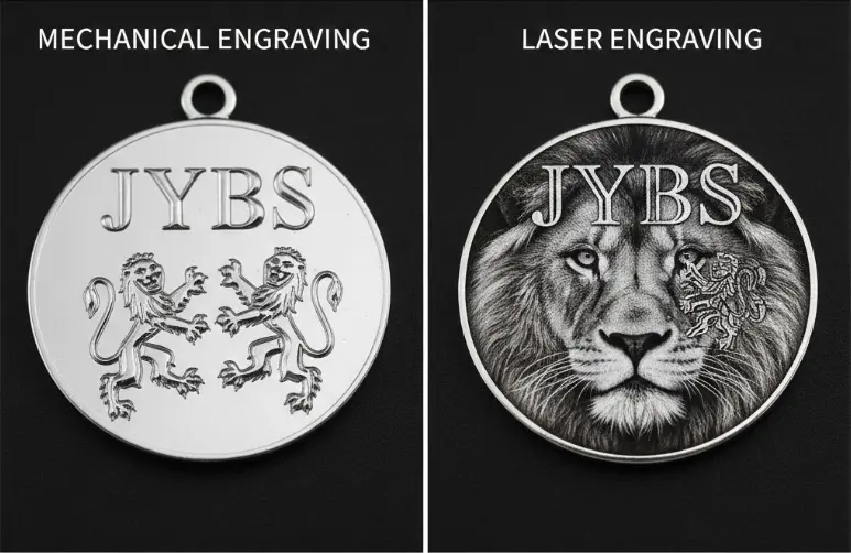 Side-by-side comparison of deep-cut mechanical engraving versus high-detail photographic laser engraving on silver medals.