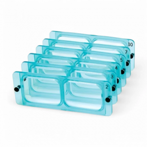 A set of five teal Optivisor replacement lenses with different magnification levels labeled 2 to 10.