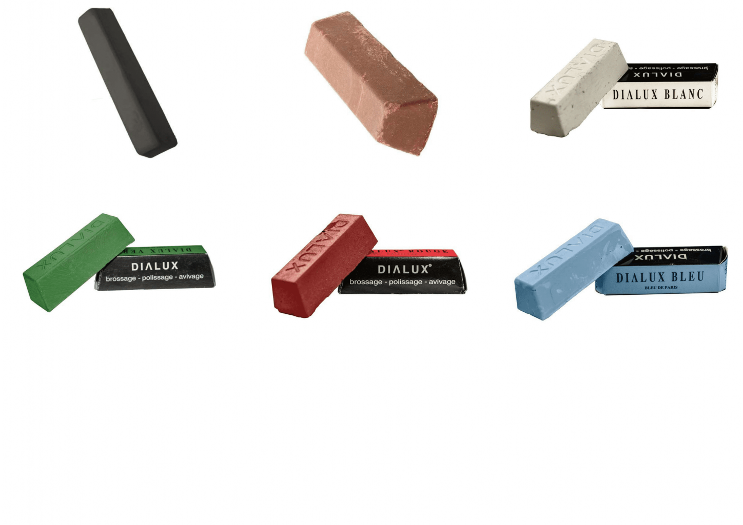 Various polishing compounds including Noir, Blanc, Vert, Rouge, and Bleu for professional metal finishing.