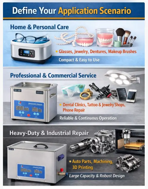 Comparison of ultrasonic cleaners for home use, professional services, and heavy-duty industrial repair.