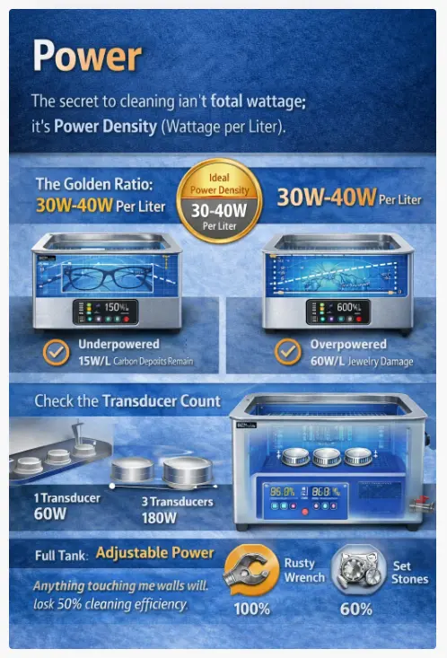 Technical chart showing ideal power density of 30-40W per liter and transducer count for ultrasonic cleaners.