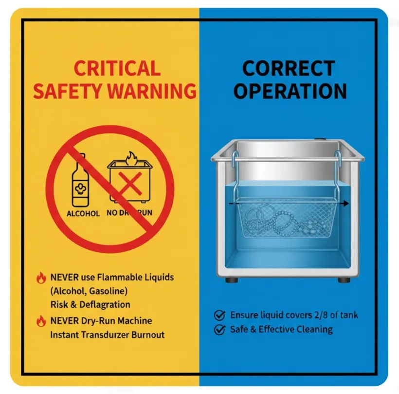 Safety warnings for ultrasonic cleaners: do not use flammable liquids or dry-run, and maintain 2/3 liquid level.