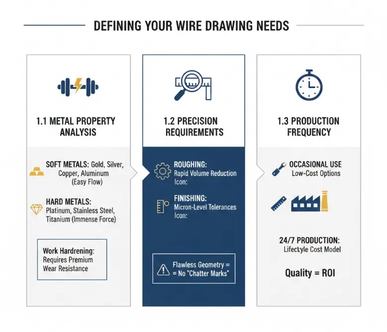 Infographic guide for defining wire drawing needs covering metal properties, precision requirements, and production frequency.