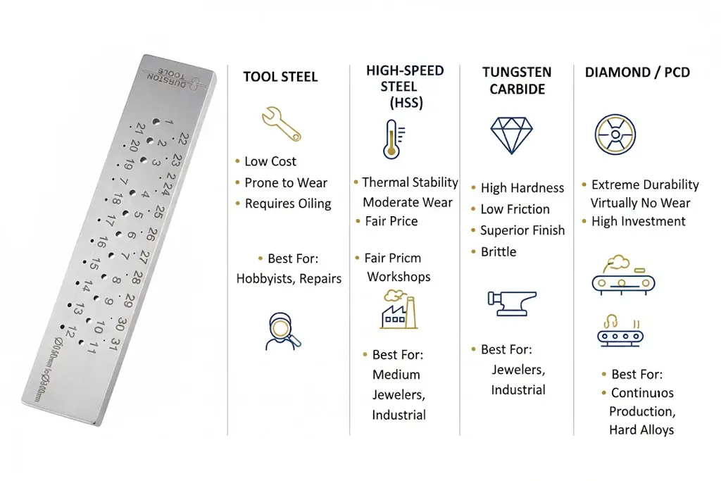 Comparison chart of draw plate materials including Tool Steel, HSS, Tungsten Carbide, and Diamond/PCD with best use cases.