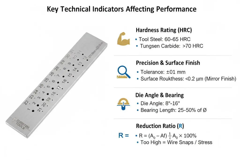 Technical indicators for draw plates: Hardness rating (HRC), precision finish, die angle, bearing length, and reduction ratio.