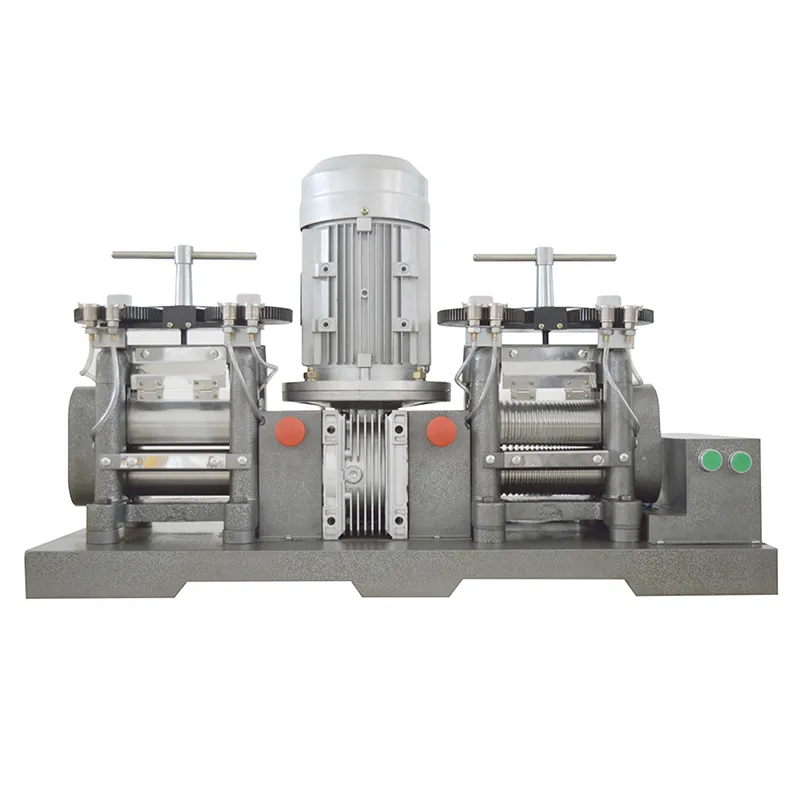 Industrial 1.5HP dual-head electric rolling mill with separate flat and wire rollers for jewelry making.