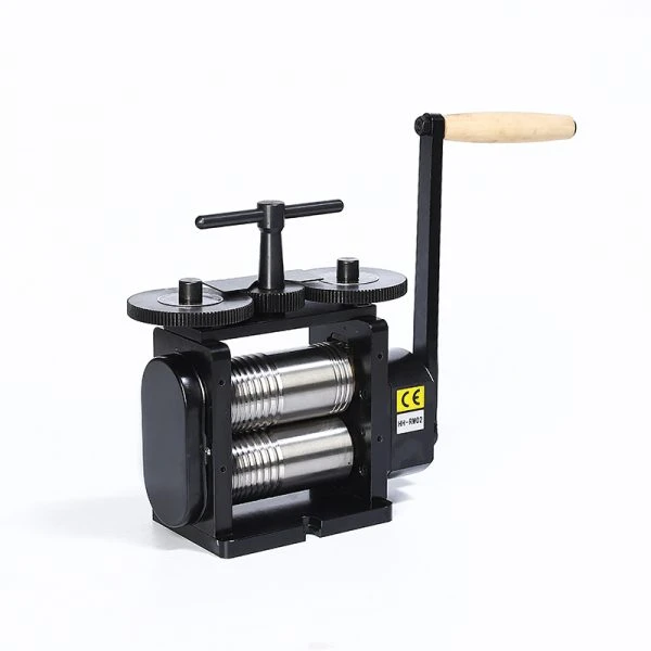 Manual combination rolling mill for jewelry making, 130mm roll length, 65mm diameter, featuring hand crank and T-bar.