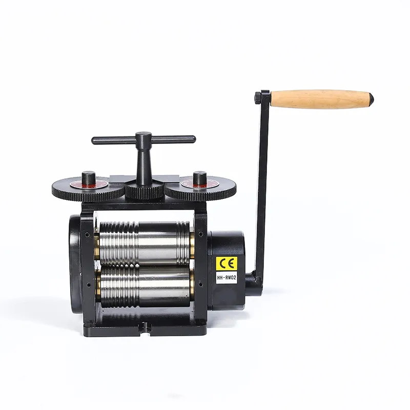 Manual combination rolling mill for jewelry, featuring grooved and flat rollers for shaping sheet and wire.