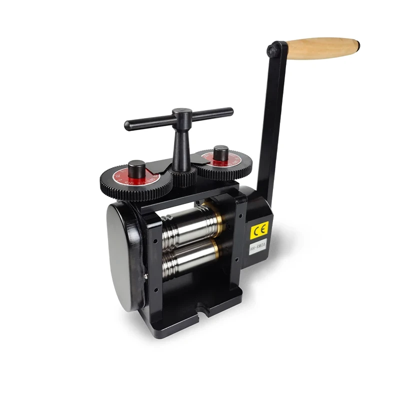 Manual combination rolling mill for jewelry making with adjustable rollers for flat sheet and wire shaping.
