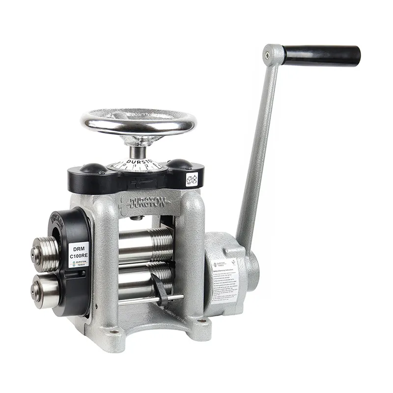 Durston DRM C100RE manual rolling mill featuring cast iron body and reduction gear for metal rolling.