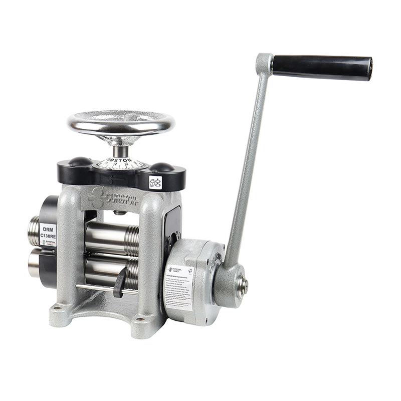 Grey Durston DRM C130RE manual rolling mill with a silver top adjustment wheel and side extension rollers.