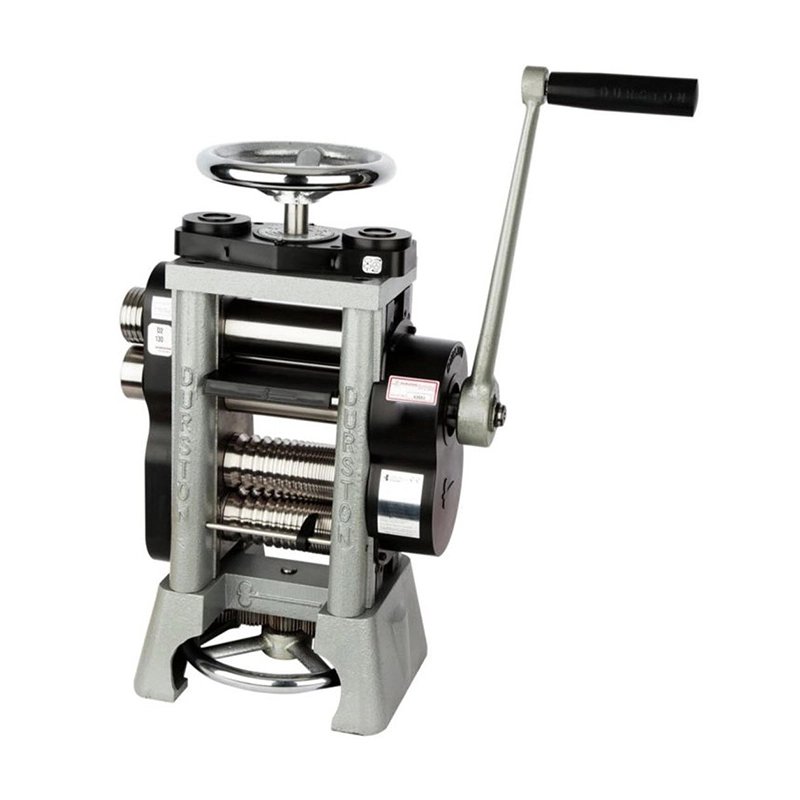 Durston D2 manual double rolling mill with top and bottom rollers for versatile jewelry metal shaping.