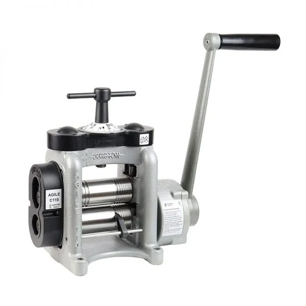 Durston Agile C110 mini manual rolling mill, a compact yet powerful machine for small jewelry studios.