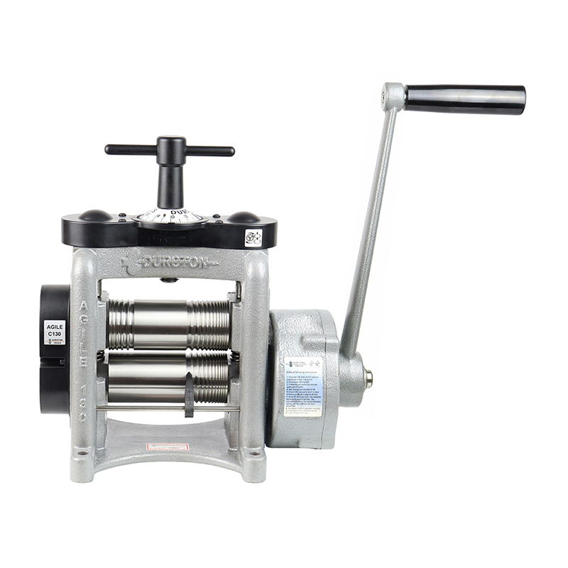 Grey Durston Agile C130 manual rolling mill featuring a black T-bar adjustment dial and side crank handle.