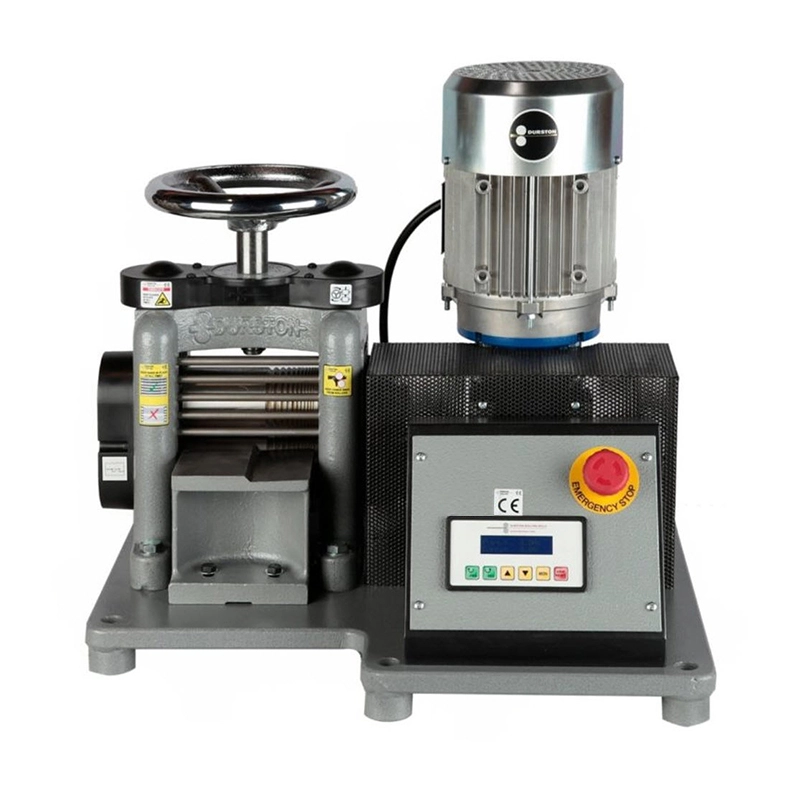 Durston TUI-C130 powered rolling mill featuring a digital control panel and emergency stop for jewelry making.