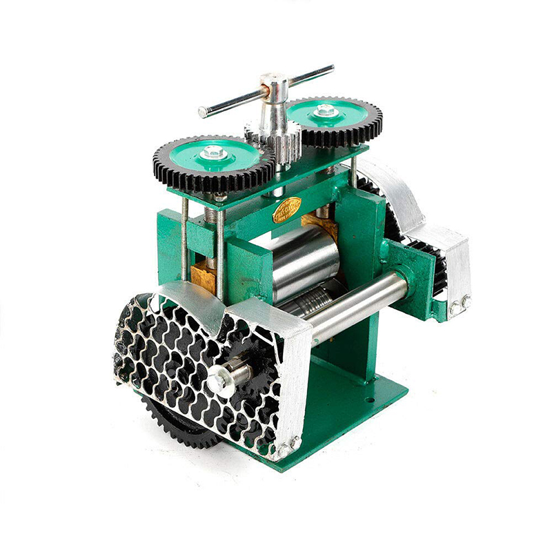 Green economic manual jewelry rolling mill with exposed top gears and a silver side gear guard.