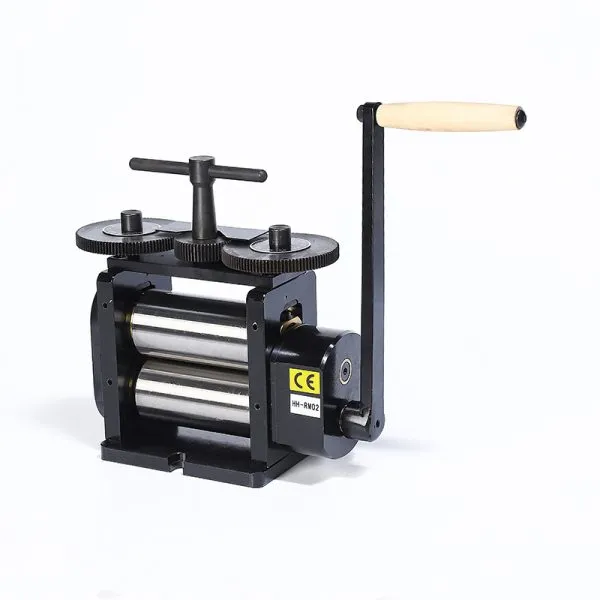 Manual flat rolling mill with 130mm rollers, ideal for small studio jewelry metal sheet thinning.