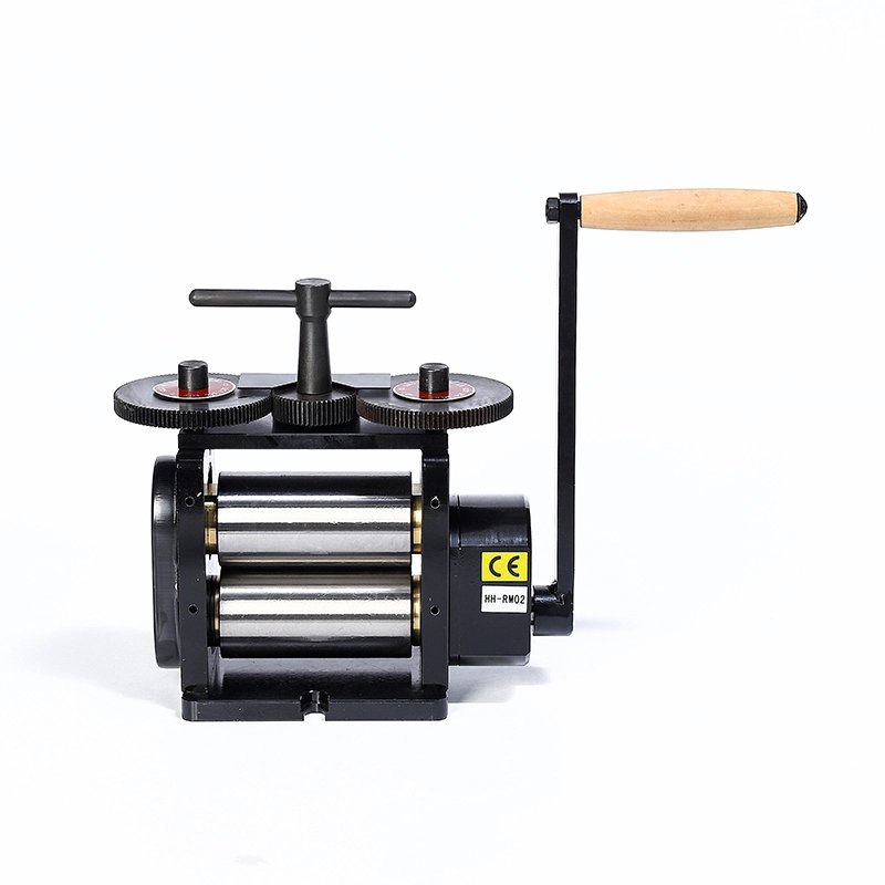 Manual flat rolling mill with 130mm rollers and a wooden crank handle for precision jewelry metalwork.