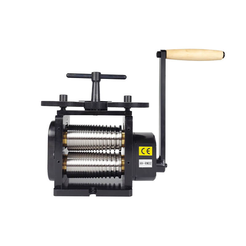 Black manual wire rolling mill with grooved rollers and wooden hand crank.