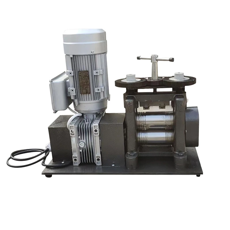 1.5HP desktop electric rolling mill with a single-sided motor-driven roller system for metal processing.
