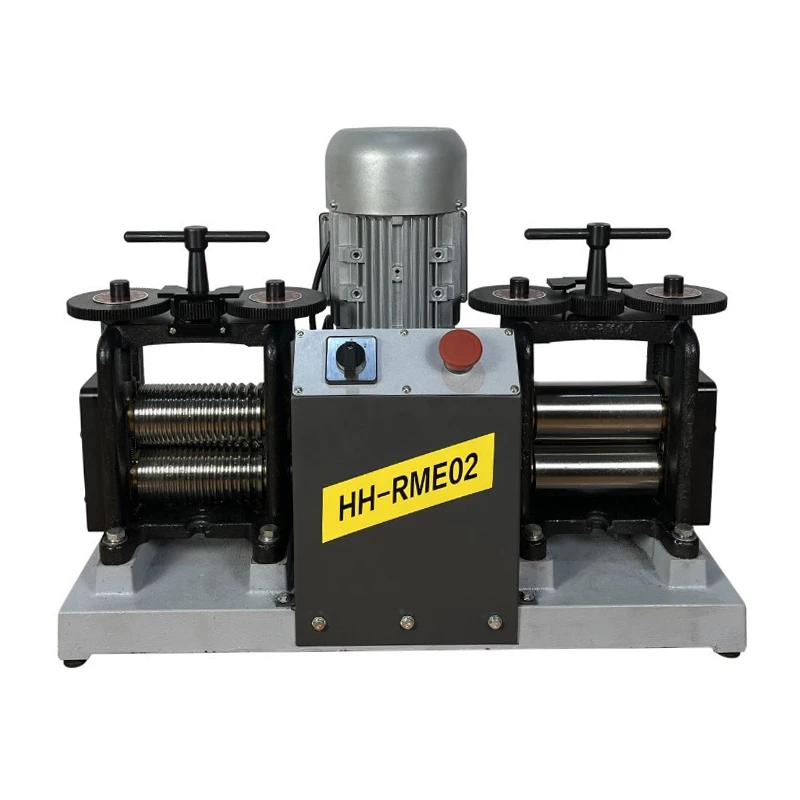 HH-RME02 double heads electric rolling mill, 1HP motor, dual rollers for simultaneous sheet and wire rolling tasks.