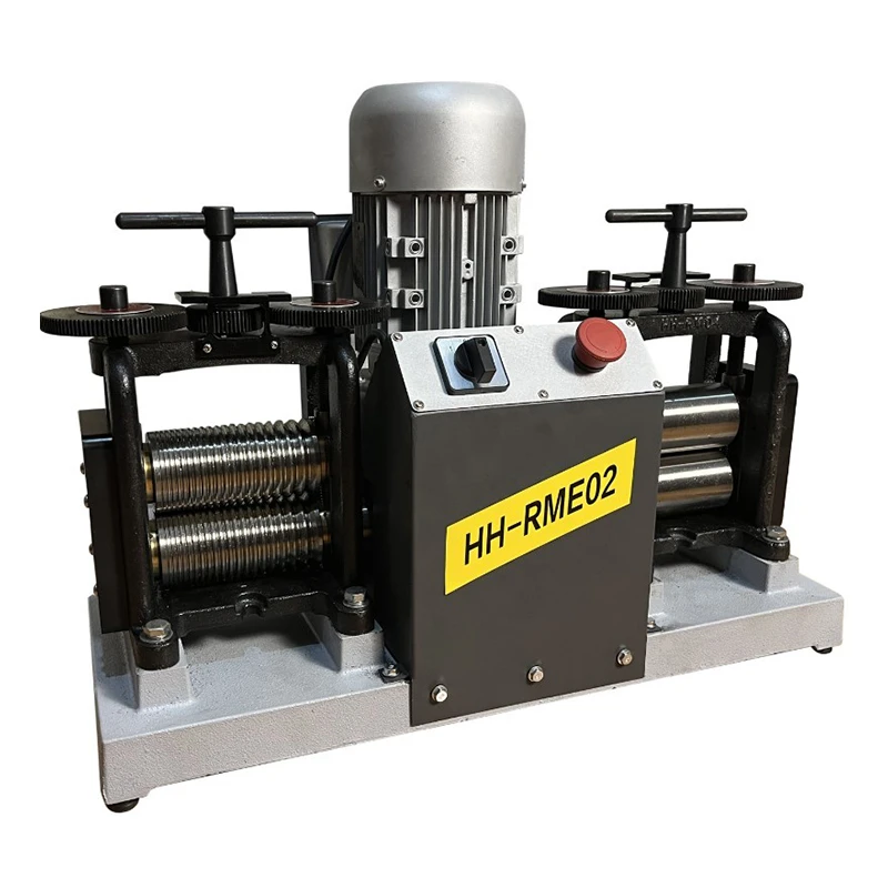 HH-RME02 double-head electric rolling mill with a central 1HP motor and dual processing stations for jewelry.