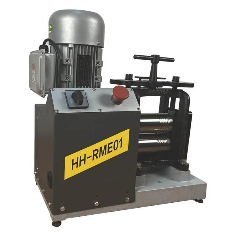 Desktop 1HP electric rolling mill with a 130mm roller width and safety emergency stop button for metal smithing.