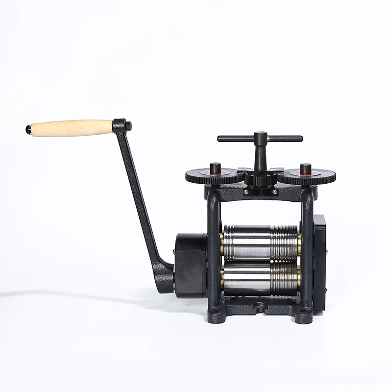 US type 130mm manual combination rolling mill with wood handle crank for jewelry studio use.