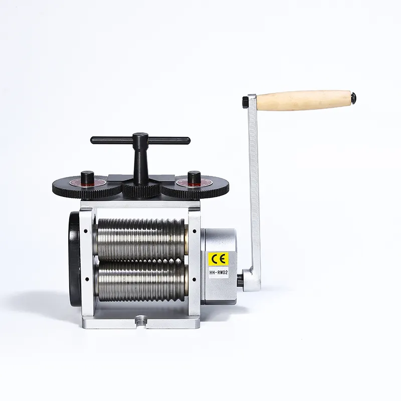 Silver manual wire rolling mill with 130mm rollers and a T-bar adjustment for jewelry smithing tasks.