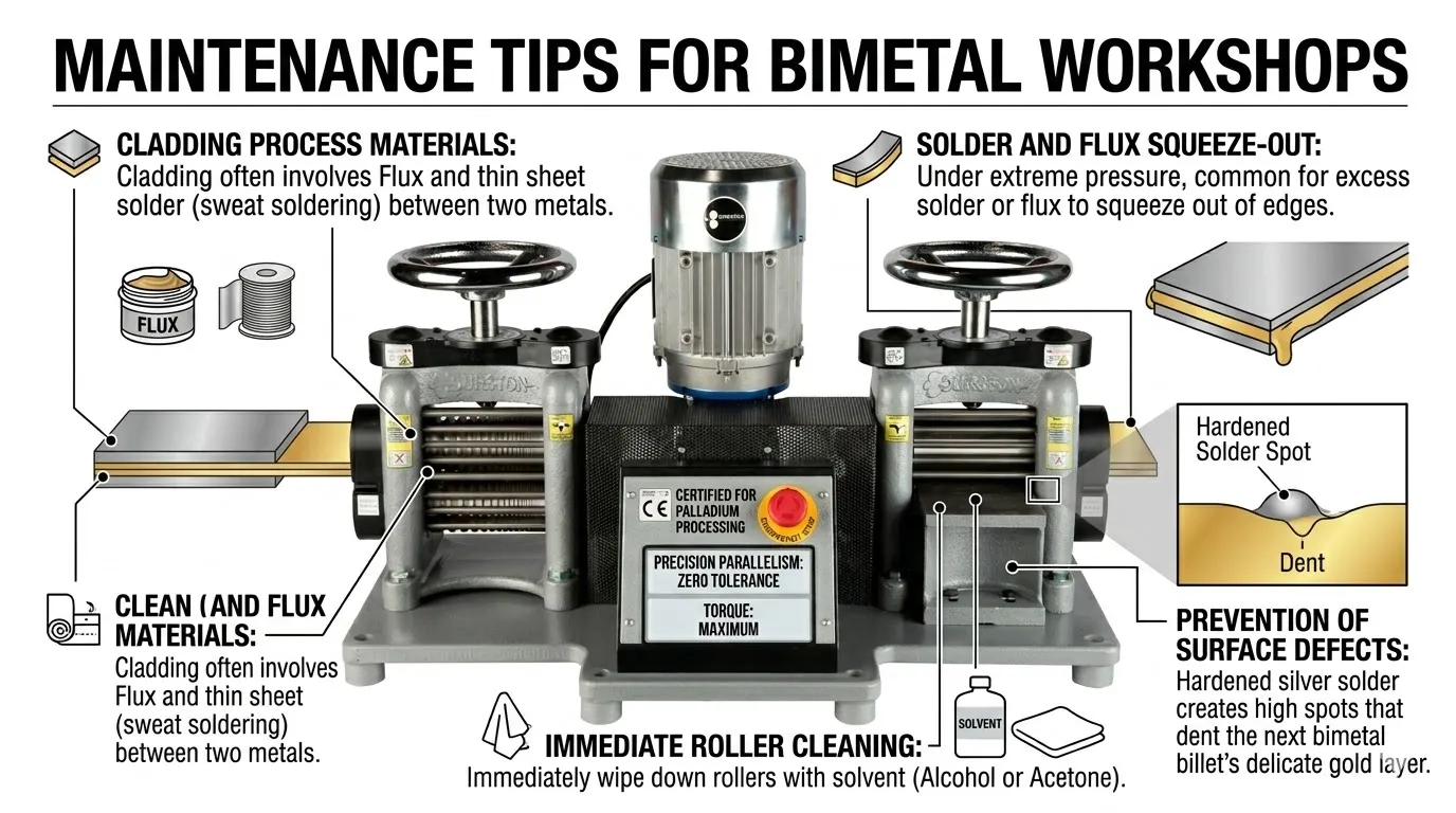Maintenance tips for bimetal cladding: immediate roller cleaning with solvent to prevent solder spots and surface defects.