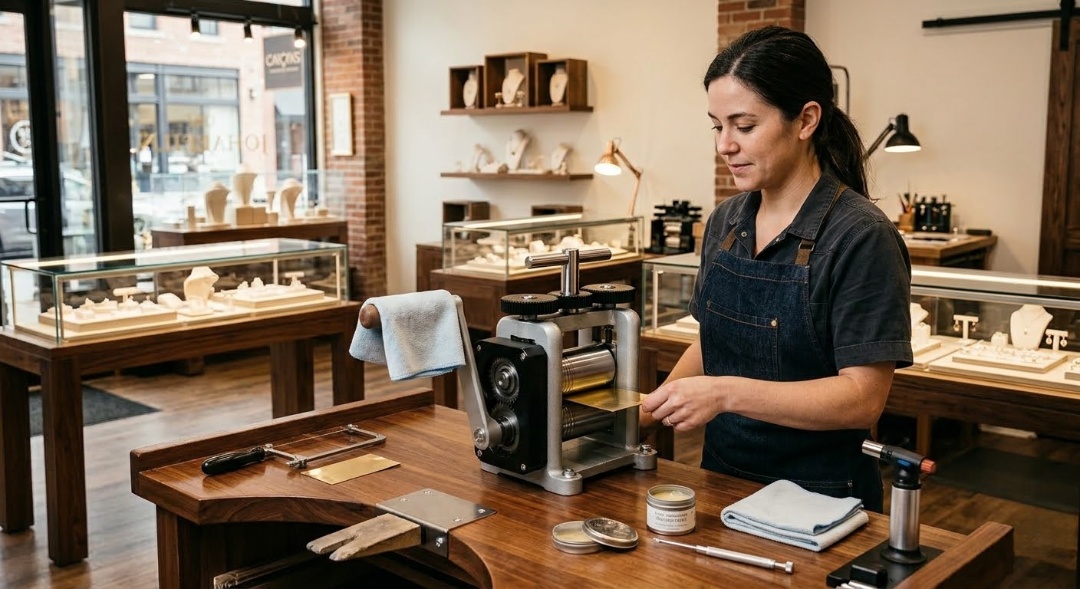 A retail jeweler prepares a compact rolling mill on a professional workbench for custom gold alloy fabrication.