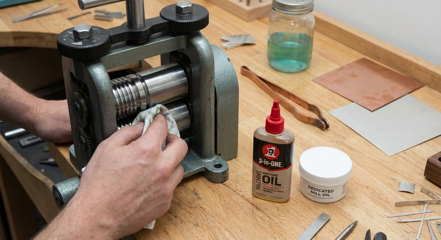 Close-up of a person cleaning a metal rolling mill with a cloth, next to machine oil and mill oil.