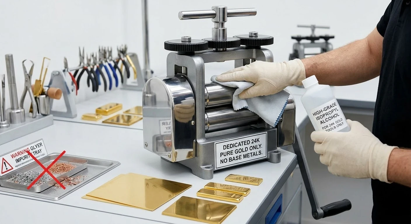 A jeweler cleaning a dedicated 24K gold rolling mill with isopropyl alcohol in a professional workshop.