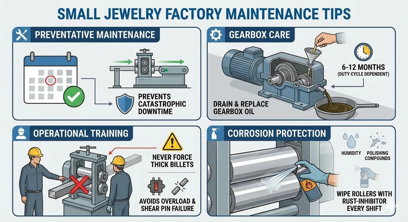 Infographic with maintenance tips for jewelry rolling mills, covering gearbox care, training, and rust protection.