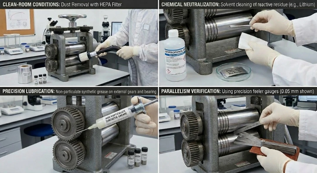 Four-panel guide detailing maintenance steps for a laboratory rolling mill, including cleaning, lubrication, and parallelism verification.