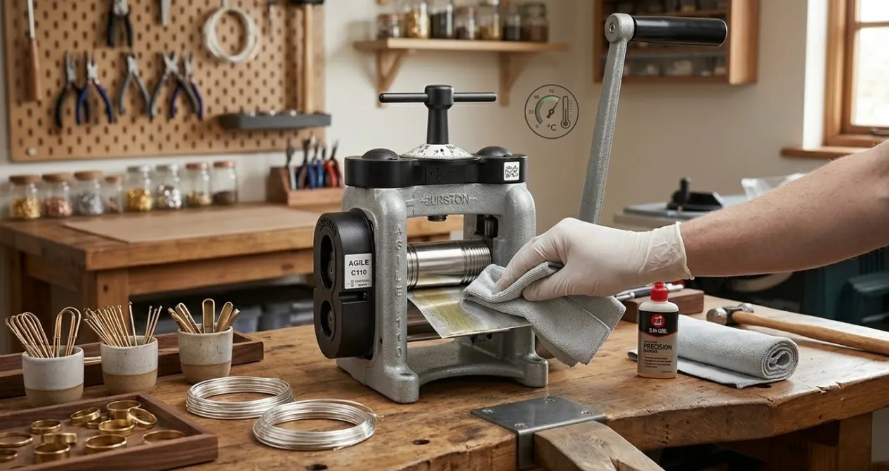 A person in gloves cleaning a jewelry rolling mill with a cloth and precision oil for maintenance.