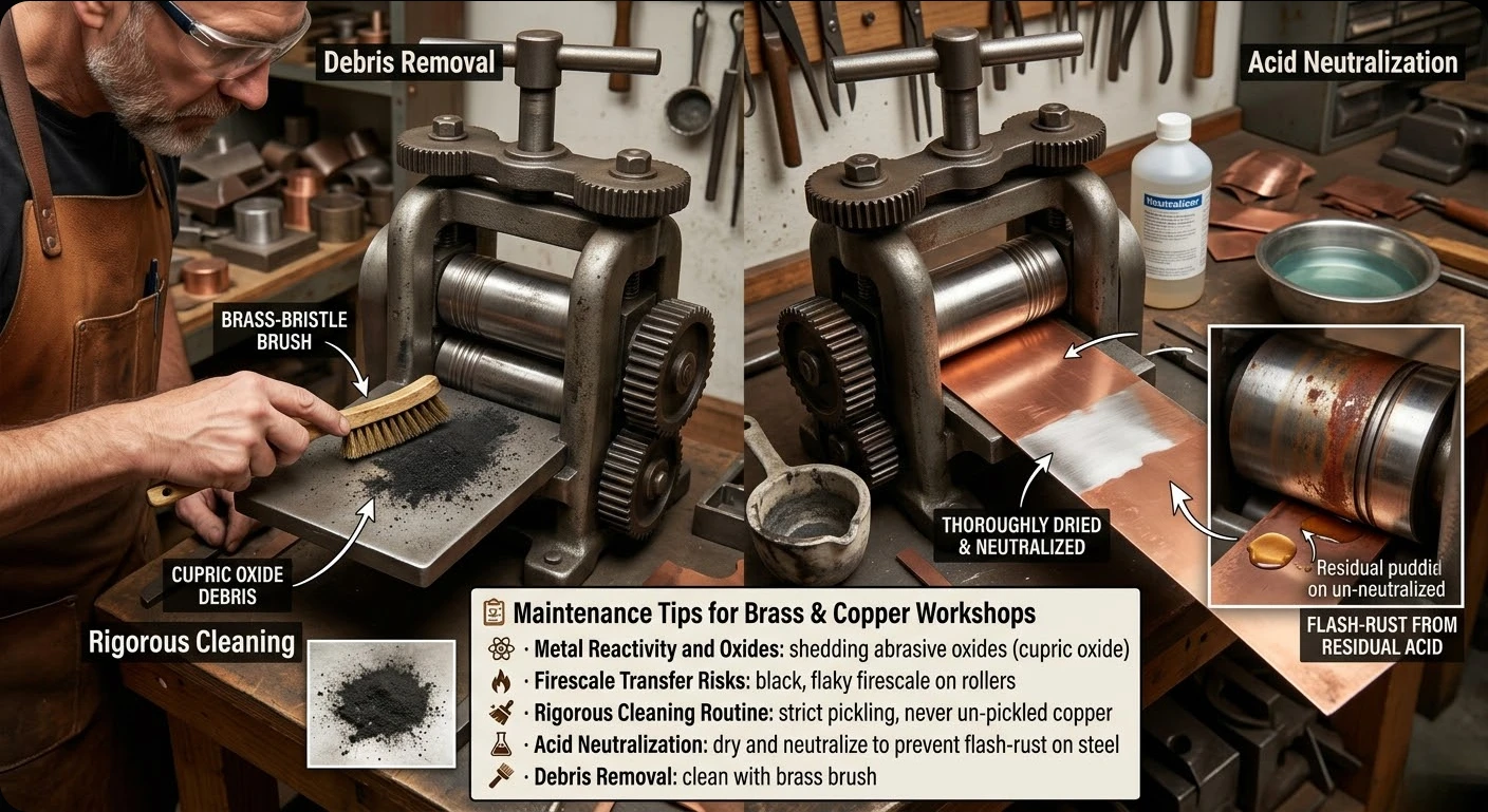 A guide showing the critical removal of abrasive cupric oxide debris from a rolling mill using a brass brush.