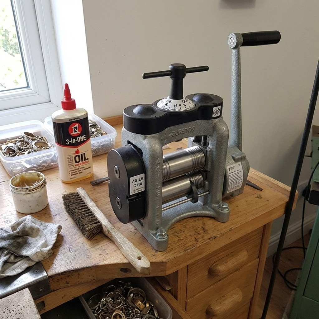 Durston Agile C110 rolling mill on a wooden jeweler's workbench with tools.